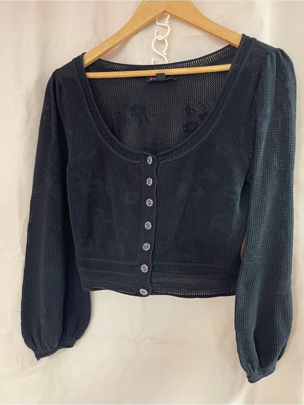 Vintage Betsey Johnson Black Floral Mesh Crochet Cropped Cardigan Size L Y2K - Picture 2 of 8